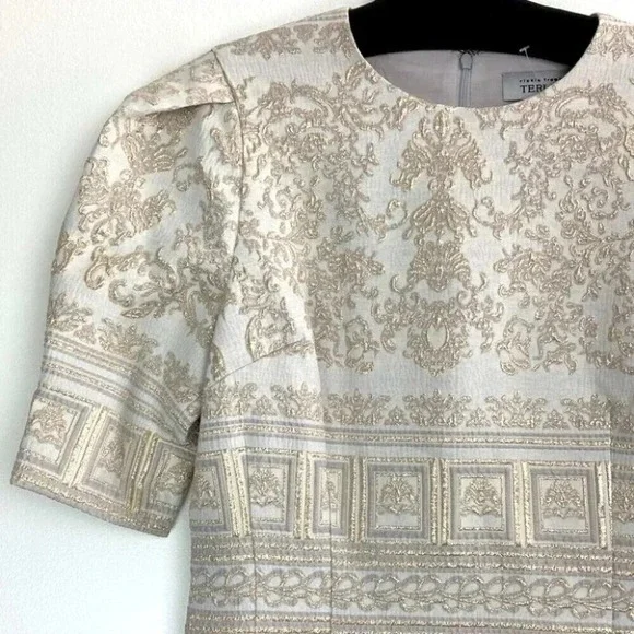 Teri Jon Rickie Freeman Midi Dress 4 Metallic Embroidered Puff Sleeve Event Gala